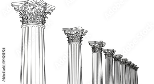 Outline sketch of diminishing classical Corinthian columns in a perspective row, vector architectural drawing on white background.