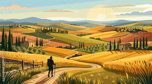 A stylized vector illustration depicts a lone hiker with backpack trekking through a golden, sun-drenched Tuscan landscape with rolling hills, farms, and cypress trees.