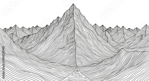 Stylized black and white line art illustration of a majestic mountain range with a prominent peak and, abstract landscape drawing