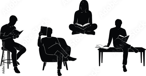 Silhouettes of people reading books in various sitting positions