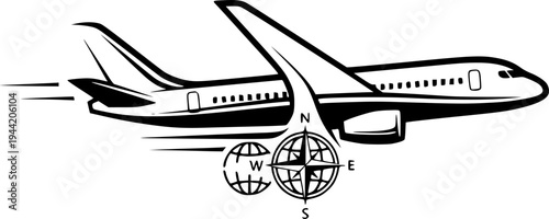 Sleek airplane icon symbolizing travel and flight on a white background – Black and White Vector Illustration