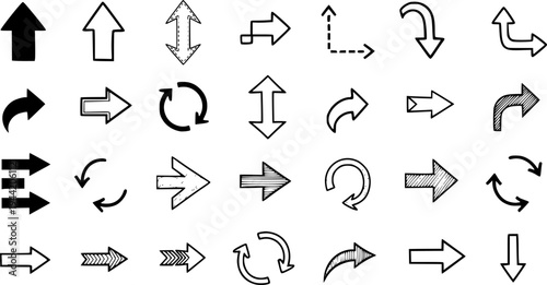 Collection of hand-drawn arrow icons in various styles and directions for navigation and design – Black and White Vector Illustration