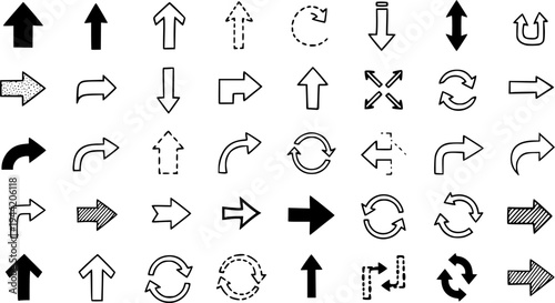 Collection of hand-drawn arrow icons in various styles and directions for navigation and design – Black and White Vector Illustration