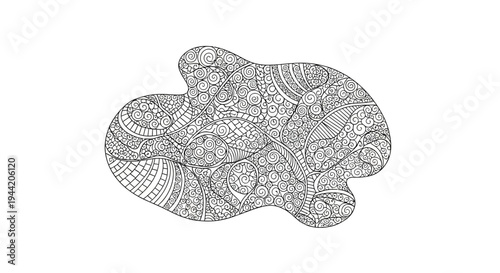 Intricate abstract organic shape with detailed black and white doodle patterns. Hand-drawn vector illustration for mindfulness and creativity.