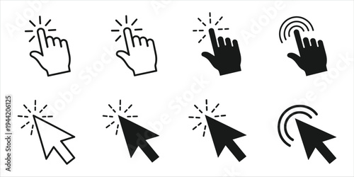 Collection of Cursor and Hand Pointer Icons Keywords: cursor, pointer, hand, click, select, touch, tap, icon, symbol, graphic