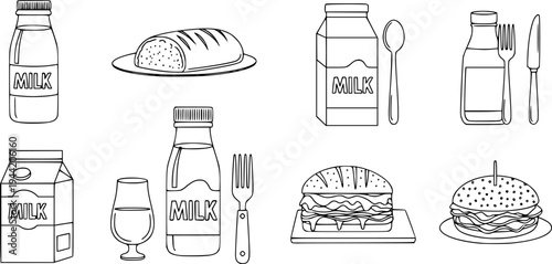 Dairy products and breakfast food icon set featuring simple outline design of milk bottle and morning meal elements – Black Vector Illustration