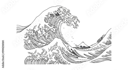 Striking black and white line art illustration depicting a powerful ocean wave crashing with a distant mountain peak in a vintage style.
