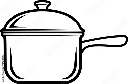 Saucepan cookware icon featuring simple line art design of a kitchen pot with lid for cooking and culinary themes – Black Vector Illustration