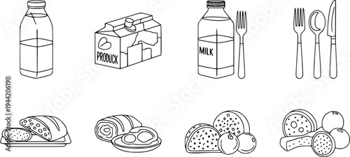 Dairy products and breakfast food icon set featuring simple outline design of milk bottle and morning meal elements – Black Vector Illustration