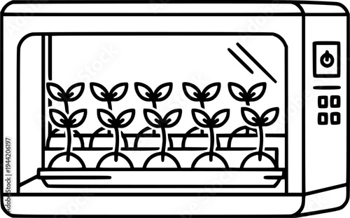 Plant incubator icon featuring simple outline design of seedlings growing within a controlled environment – Black Vector Illustration
