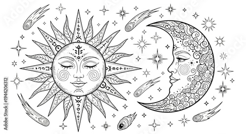 Bohemian Celestial Sun and Moon with Faces Line Art Illustration. Ornate Esoteric Spiritual Hand-Drawn Mystical Design with Stars.