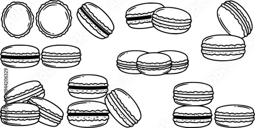French macaron icons featuring simple outline design for sweet dessert and pastry shop – Black Vector Illustration