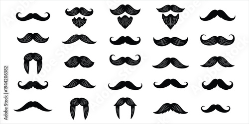 Collection of black mustache and beard styles on white background Keywords: mustache, beard, facial hair, vintage, retro
