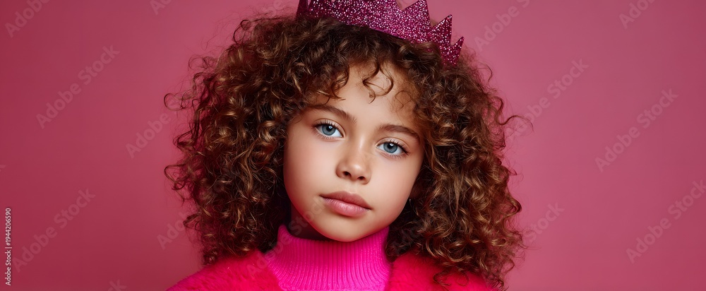 Fototapeta premium The girl with curly hair dons a glitter crown and vibrant pink attire.