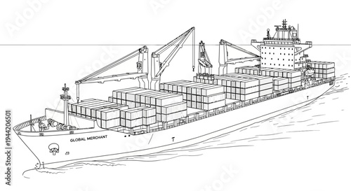 Outline drawing of a large cargo ship with containers, navigating the ocean for global freight transport and international logistics.