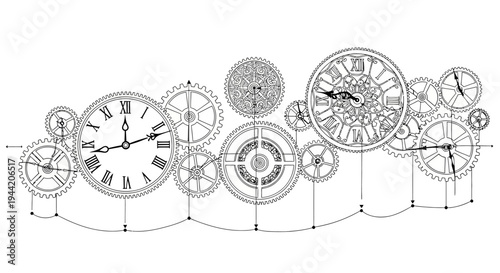 Detailed illustration of vintage clockwork gears and Roman numeral clocks. Abstract mechanical time mechanism background.