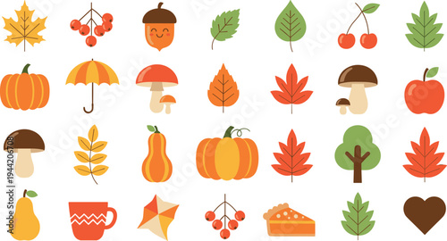 Cute Autumn Icons Vector Set with Pumpkin, Leaves, Mushrooms, Acorn, Apple and Fall Nature Elements for Seasonal Design