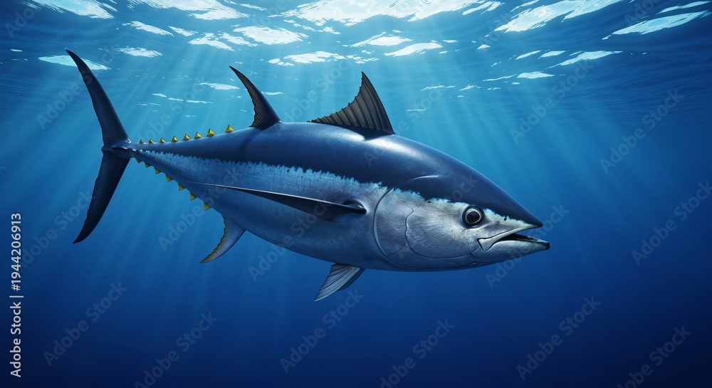Obraz premium Atlantic Bluefin Tuna Swimming Gracefully in Clear Ocean Waters Under Bright Sunlight