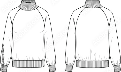 Long sleeve pullover sweater sketch, ribbed turtleneck fashion illustration, raglan sleeve garment design template, apparel construction drawing, clothing pattern reference, cozy outfit silhouette