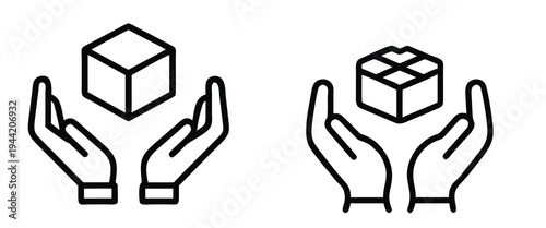 Hand holding gift box and care package outline icon set featuring giving present for charity and support and more vector illustration or editable stroke