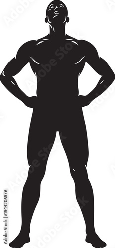 Full Body Silhouette of a Powerful Man Standing with Hands on Hips, Head Tilted Up in a Confident and Determined Stance. , Generative Ai