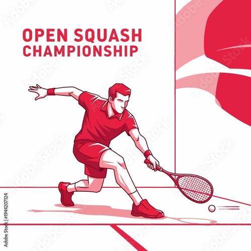 Dynamic Squash Player in Action During Championship, Red Illustration on White Background