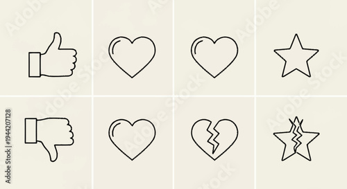Collection of social media icons including thumbs up and down hearts and stars.