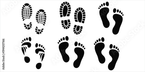 Black footprints and boot prints on a white background Keywords: footprint, boot print, shoe print, track, trail, walking, step