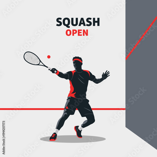 Dynamic Squash Player in Action During Open Tournament, Delivering a Powerful Forehand Shot