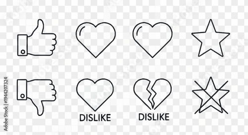 Collection of social media icons like thumbs up and down hearts and stars.