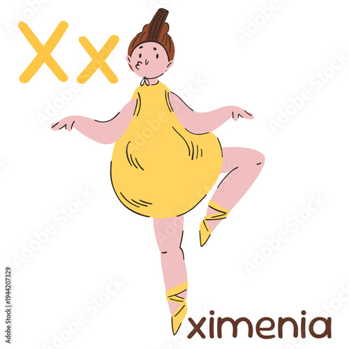 Dancing ballerina in a yellow American plum costume, letter x educational flashcards