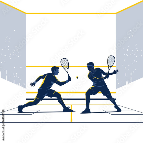 Dynamic Squash Players Engaged In Intense Competition Within the Geometric Court