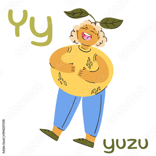 Laughing chubby curly blond guy in yuzu fruit costume with green leaves on his head, letter y educational flashcard