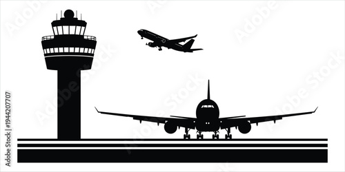 Airport control tower and airplanes on runway silhouettes on white background Keywords: airport, control tower, airplane
