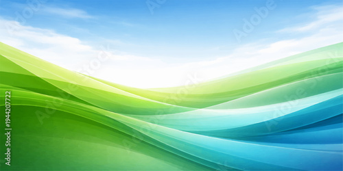 Abstract blue and green waves create a flowing motion pattern with light curves and organic shapes for a modern backdrop design