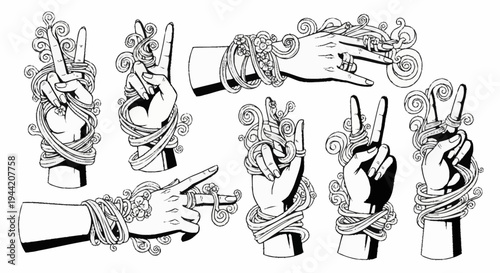 Collection of stylized hands making peace signs and pointing gestures.