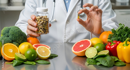 Doctor holding supplements and examining various fruits and vegetables on a table