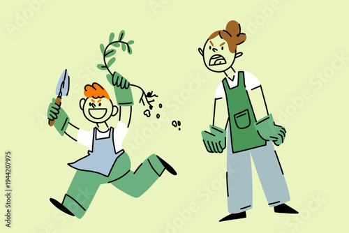 Children dressed as gardeners scold and quarrel while cleaning the garden. A girl in rubber gloves yells at a laughing boy running away with a plant uprooted and a shovel in his hands.