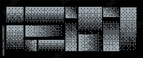Pattern pixel dot speed background art texture digital vector abstract graphic. This mosaic design features a geometric square dissolve effect with fading halftone particles and grid elements.