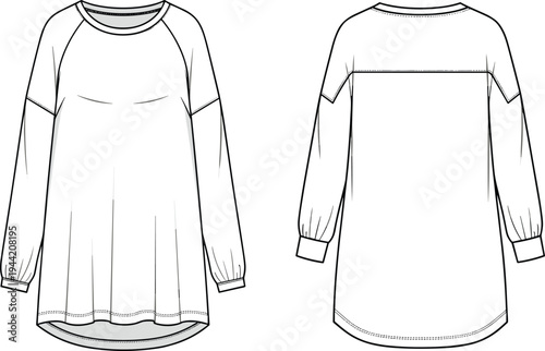 Long sleeve tunic top sketch, raglan sleeve fashion illustration, pleated detail garment design template, apparel construction drawing, clothing pattern reference, casual relaxed outfit silhouette