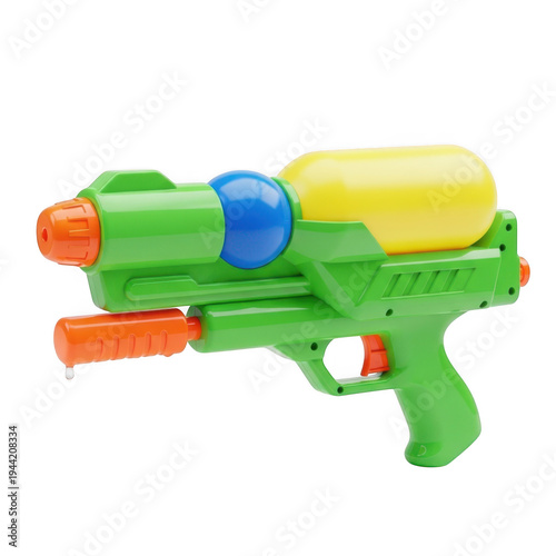 Colorful plastic water gun with orange, blue, and yellow accents isolated on transparent background