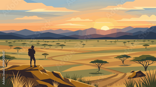 A stylized illustration showing a lone hiker on a rocky outcrop enjoying the sunset view over the vast African savannah, capturing adventure and serene beauty.