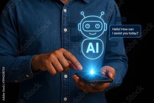 Hand holds a smartphone displaying a glowing ai chatbot icon with a 