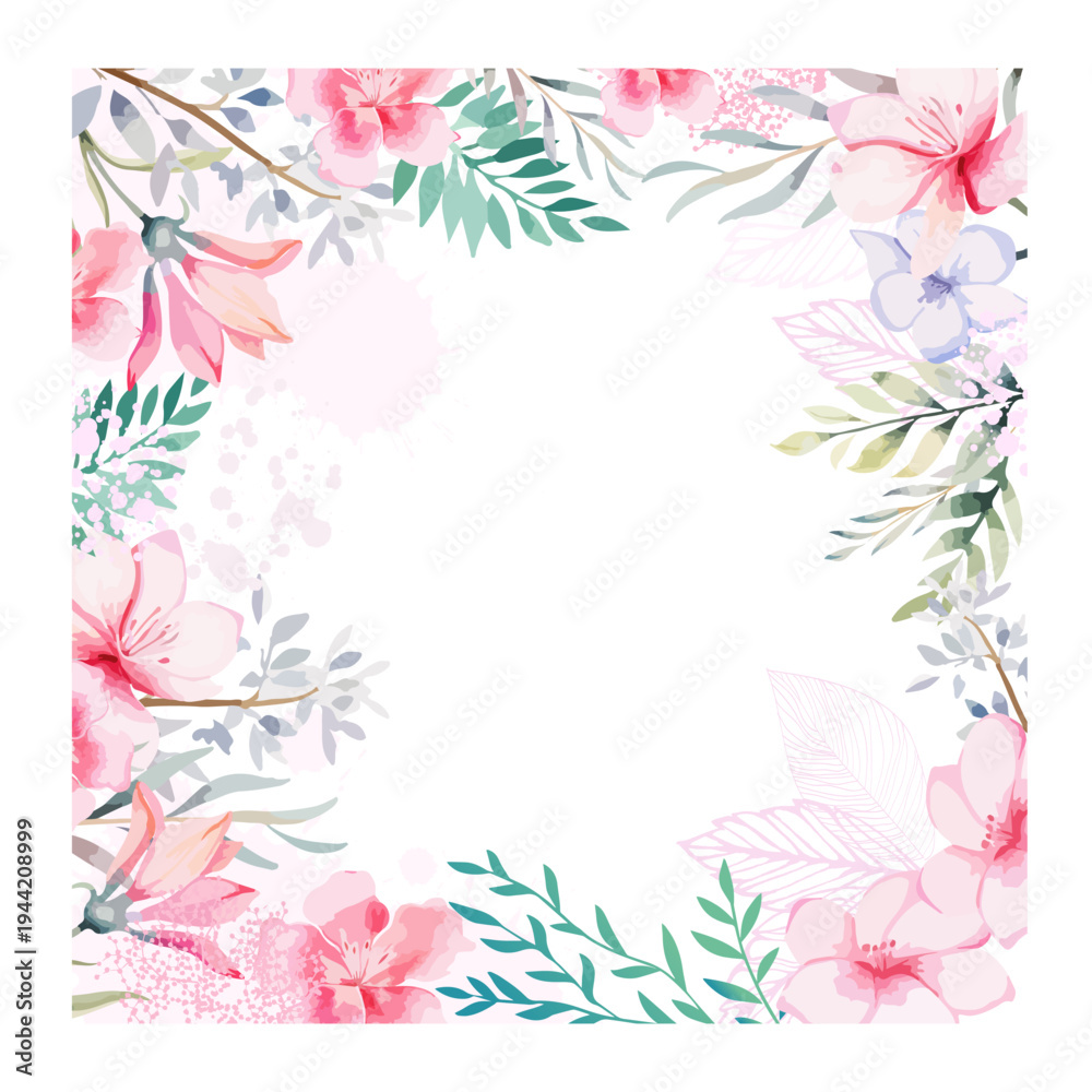 Obraz premium Delicate frame with pink watercolors flowers. Hand drawn. Not AI, vector illustration