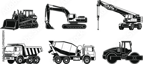 Construction vehicle, silhouette, bulldozer, excavator, crane, dump truck, concrete mixer, road roller, black and white, heavy machinery, infrastructure, industrial, technical sketch