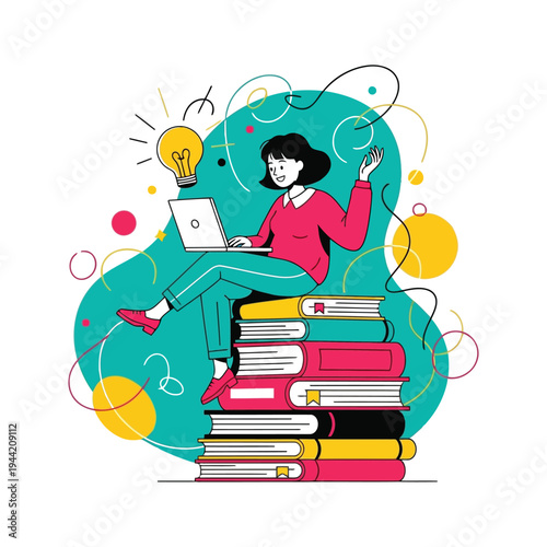 Creative Young Woman Sitting on Stack of Books Working on Laptop with Big Idea Bulb Concept Illustration
