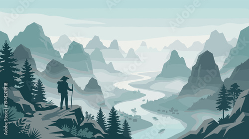 A stylized vector image of a hiker silhouette enjoying a majestic mountain vista with river winding through valleys, evoking a sense of adventure, tranquility, and connection with nature.