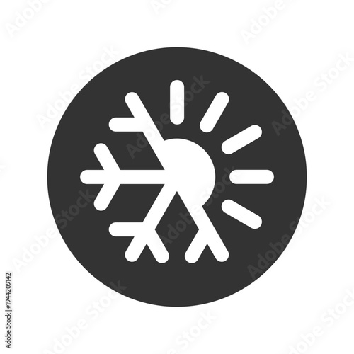 Climatic badge.  Warmth and cold graphic symbol. Sun and snowflake circle sign isolated on white background. Vector illustration