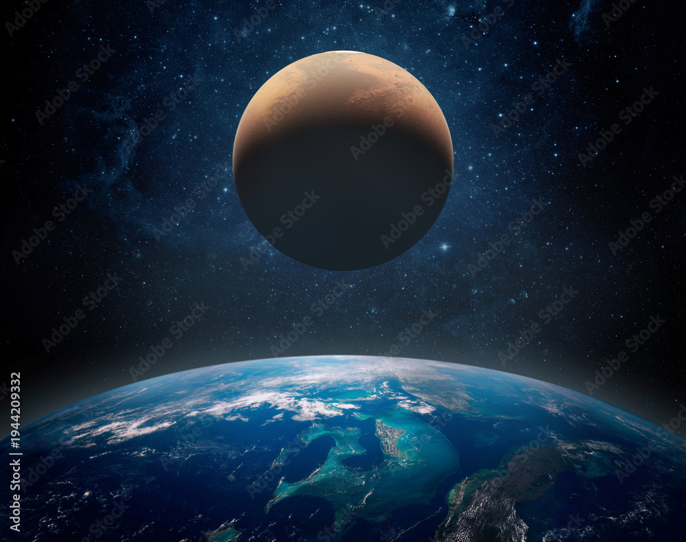 Naklejka premium Mars rising above the horizon of Earth in deep space. Dramatic view of the red planet over Earth with visible atmosphere, stars and the Milky Way. Elements of this image furnished by NASA.