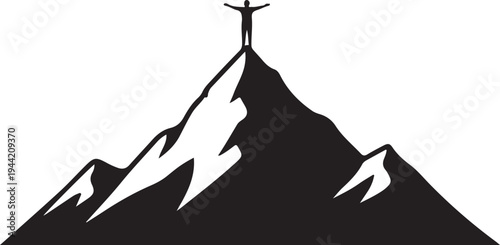 Man Standing Victorious on Mountain Peak with Arms Raised Silhouette - Achievement, Success, and Challenge Overcome , Generative Ai